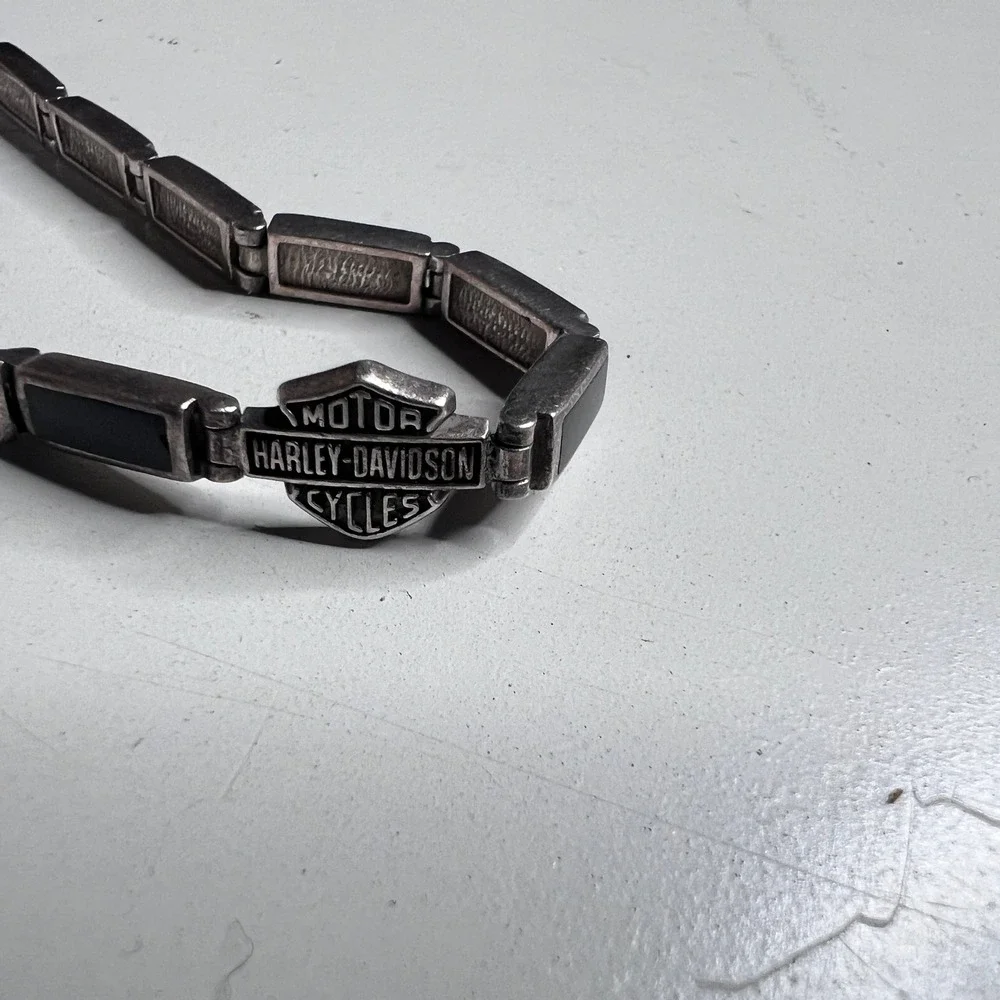 Harley-Davidson Sterling Silver‎ 925 Bar and Shield Link Bracelet Black Inlay 7